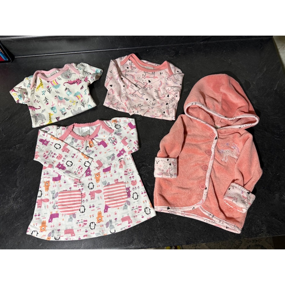 CJP Baby 4pc Outfit Set 6-9 Months Pink Unicorn Hooded Cardigan Bodysuits Dress